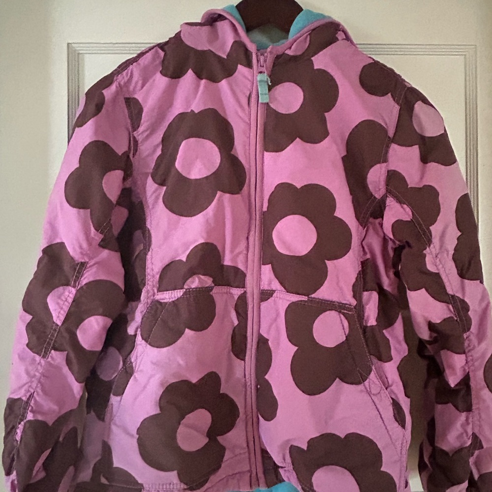Mini Boden Kids Puffy PufferJacket Purple Pink Brown Floral Winter Coat 11/12